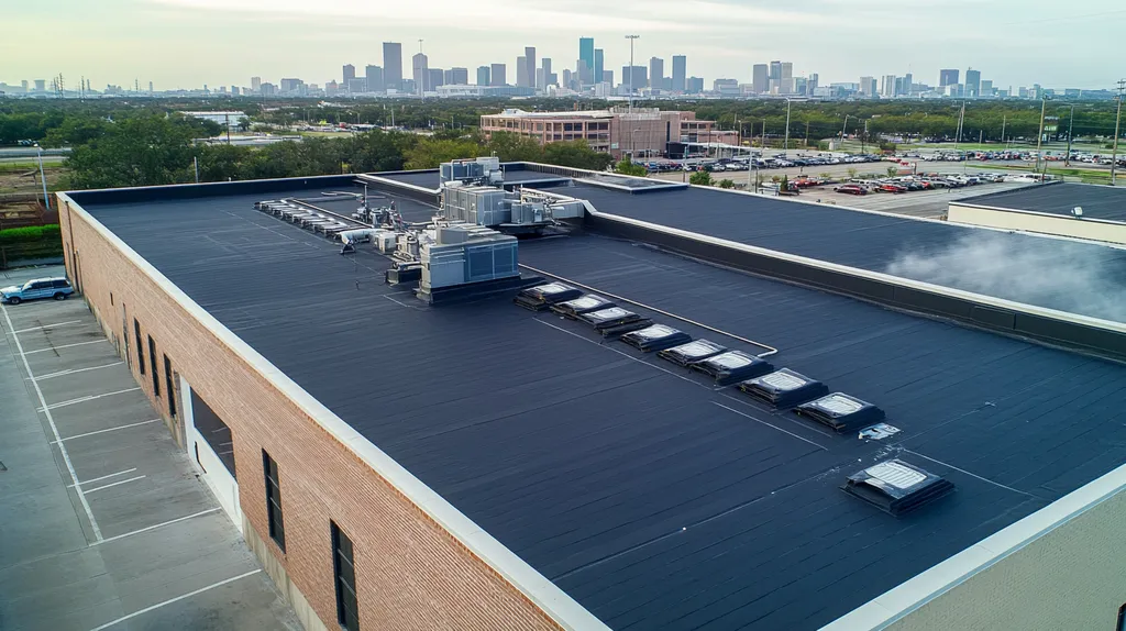 A commercial roof on a factory in a location similar to Houston with an urban context aesthetic (AI image)