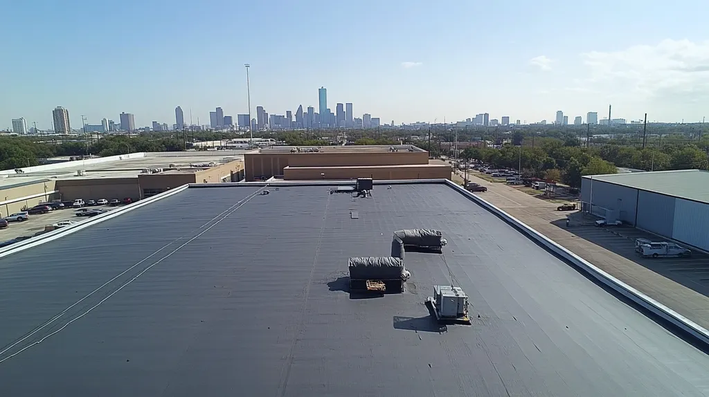 A commercial roof on a factory in a location similar to Houston with an urban context aesthetic (AI image)