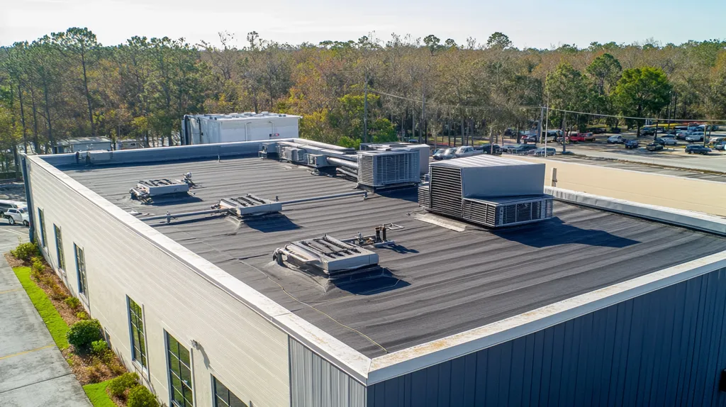 A commercial roof on a factory in a location similar to Jacksonville with an architectural photography aesthetic (AI image)