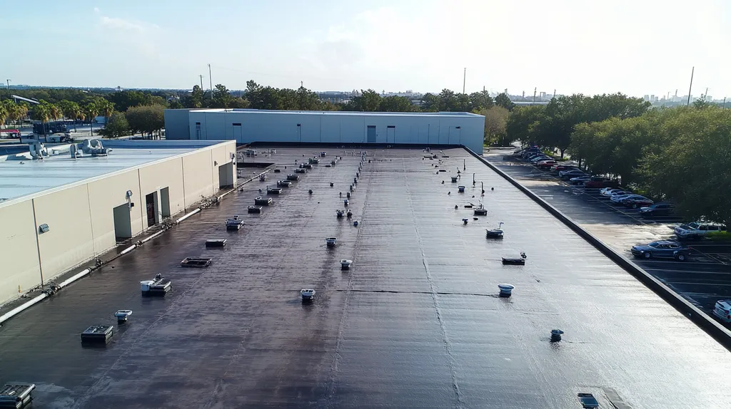A commercial roof on a factory in a location similar to Jacksonville with a rainy day aesthetic (AI image)
