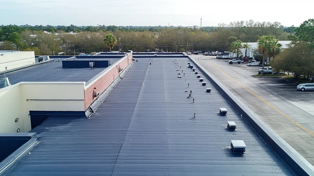 A commercial roof on a factory in a location similar to Jacksonville with a rainy day aesthetic (AI image)