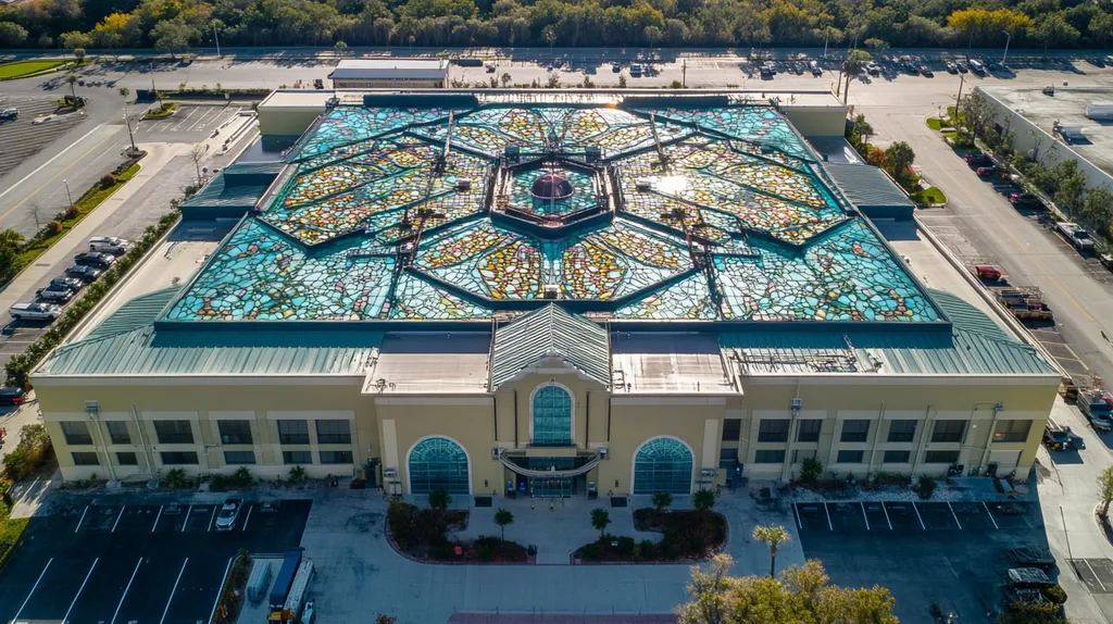 A commercial roof on a factory in a location similar to Jacksonville with a stained glass style aesthetic (AI image)