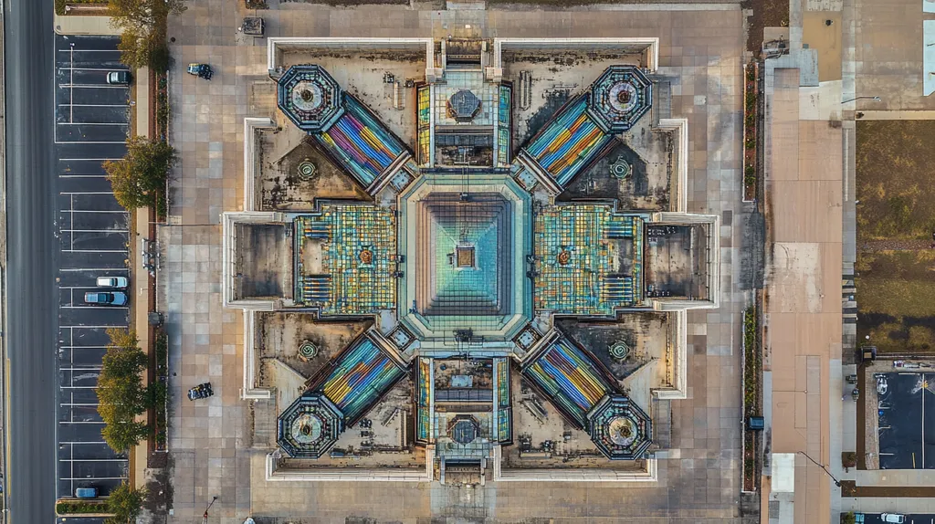 A commercial roof on a factory in a location similar to Jacksonville with a stained glass style aesthetic (AI image)