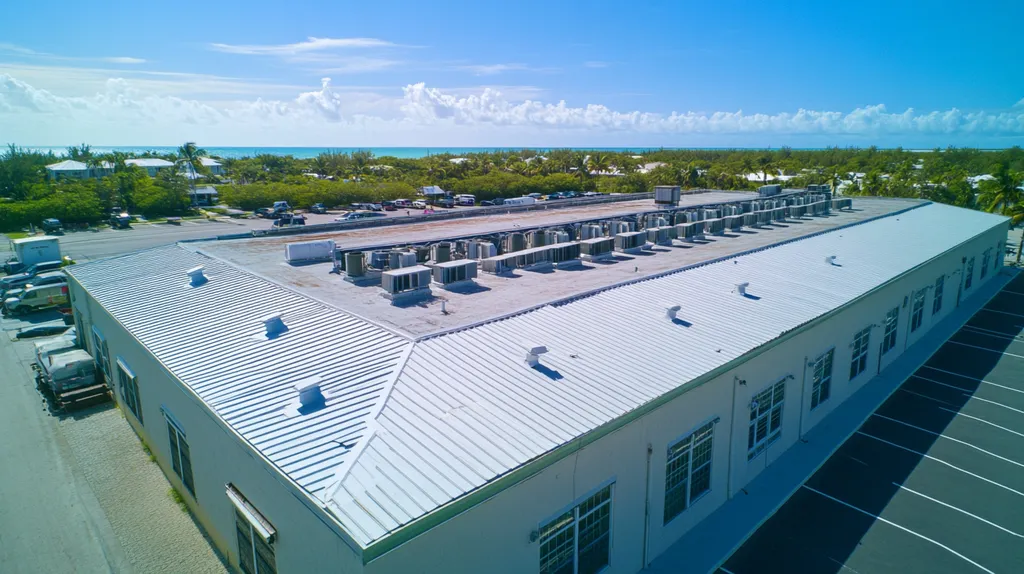 A commercial roof on a factory in a location similar to Key West with an architectural photography aesthetic (AI image)