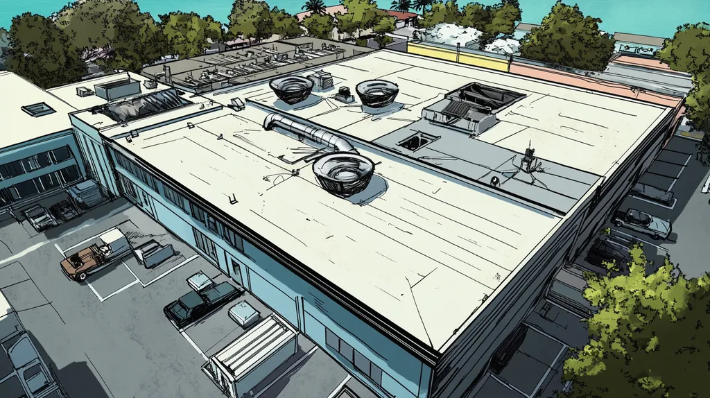 A commercial roof on a factory in a location similar to Key West with a comic book style aesthetic (AI image)