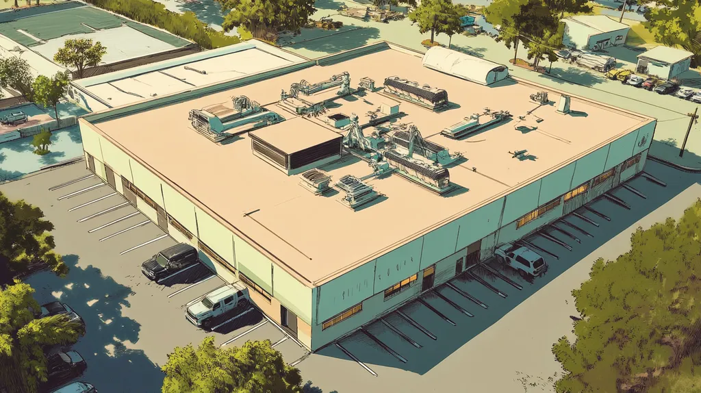 A commercial roof on a factory in a location similar to Key West with a comic book style aesthetic (AI image)