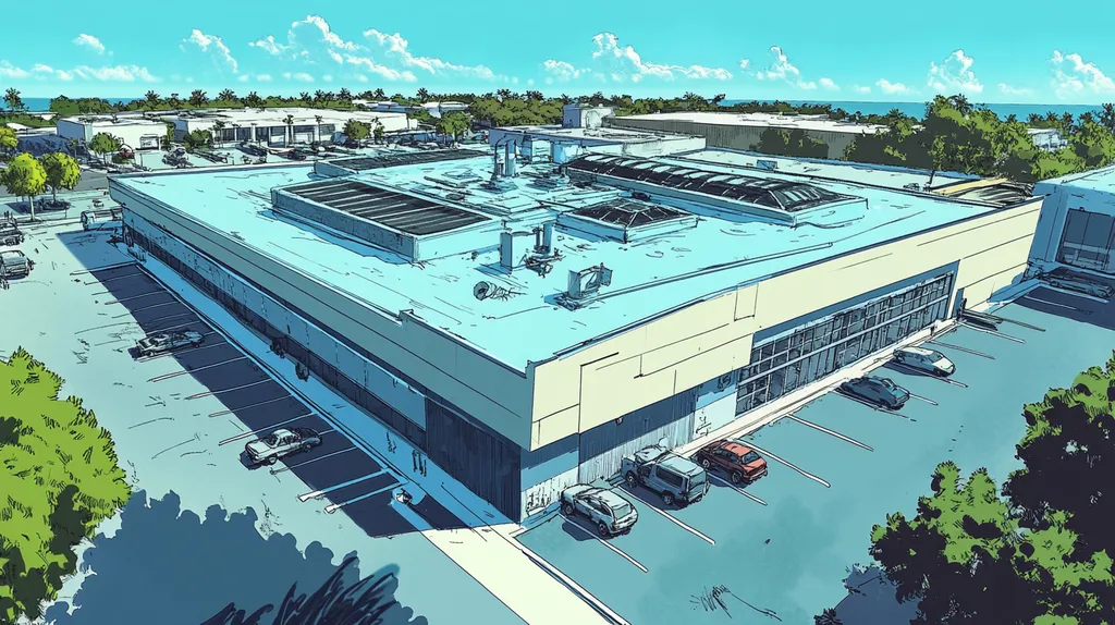 A commercial roof on a factory in a location similar to Key West with a comic book style aesthetic (AI image)