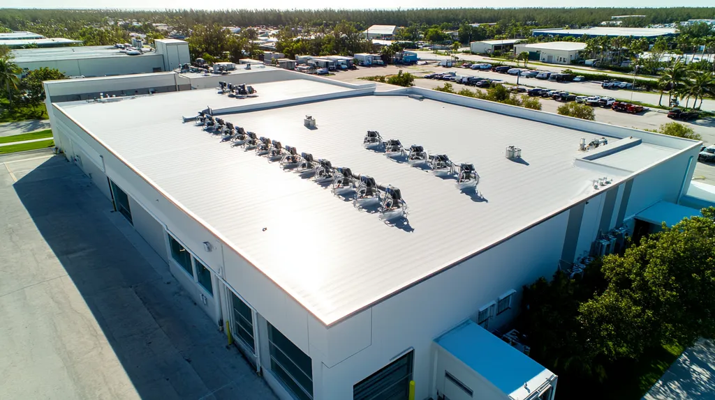 A commercial roof on a factory in a location similar to Key West with a futuristic aesthetic (AI image)
