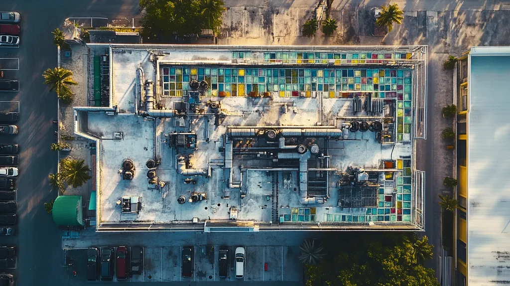 A commercial roof on a factory in a location similar to Key West with a stained glass style aesthetic (AI image)