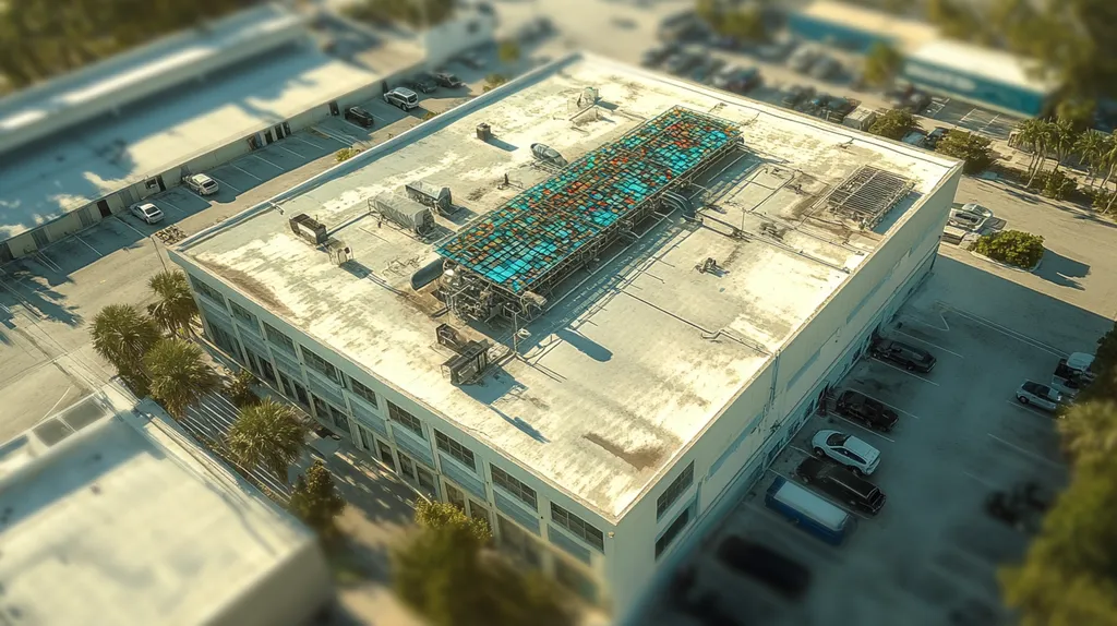 A commercial roof on a factory in a location similar to Key West with a stained glass style aesthetic (AI image)