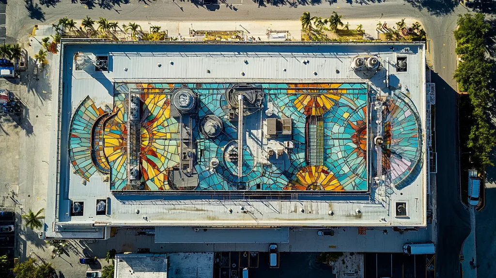 A commercial roof on a factory in a location similar to Key West with a stained glass style aesthetic (AI image)