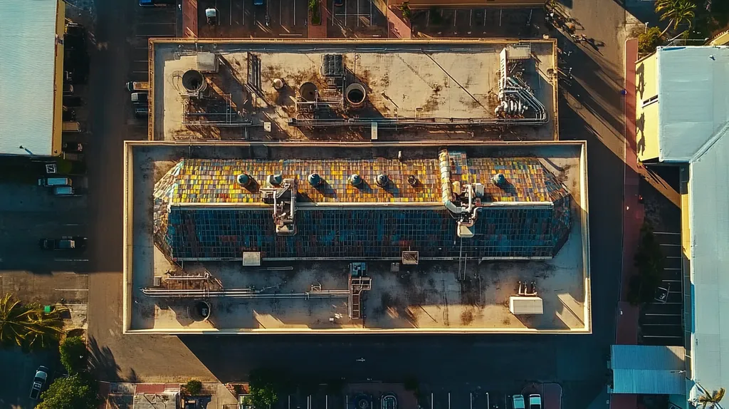 A commercial roof on a factory in a location similar to Key West with a stained glass style aesthetic (AI image)