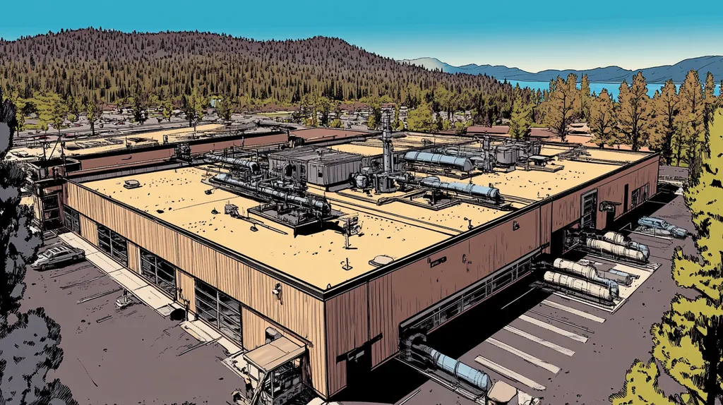 A commercial roof on a factory in a location similar to Lake Tahoe with a comic book style aesthetic (AI image)