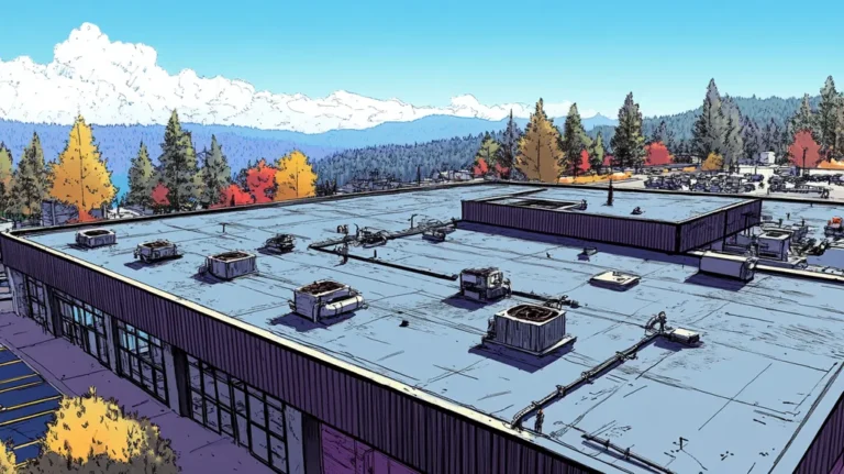 A commercial roof on a factory in a location similar to Lake Tahoe with a comic book style aesthetic (AI image)