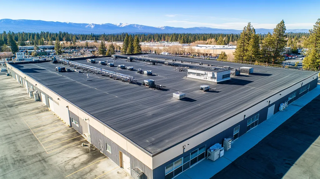 A commercial roof on a factory in a location similar to Lake Tahoe with a cross-processed look aesthetic (AI image)