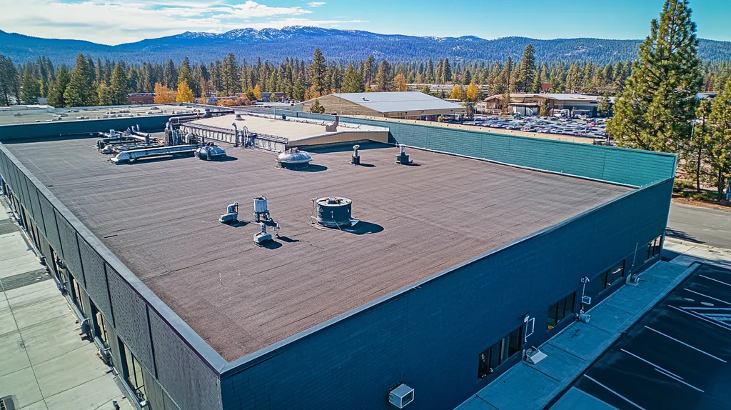 A commercial roof on a factory in a location similar to Lake Tahoe with a cross-processed look aesthetic (AI image)