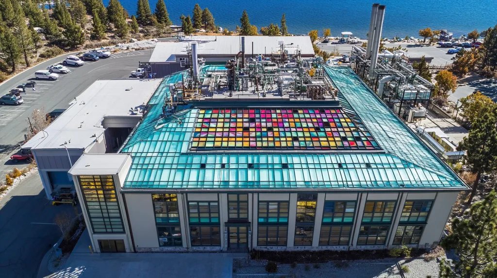 A commercial roof on a factory in a location similar to Lake Tahoe with a stained glass style aesthetic (AI image)