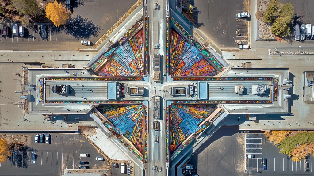 A commercial roof on a factory in a location similar to Lake Tahoe with a stained glass style aesthetic (AI image)