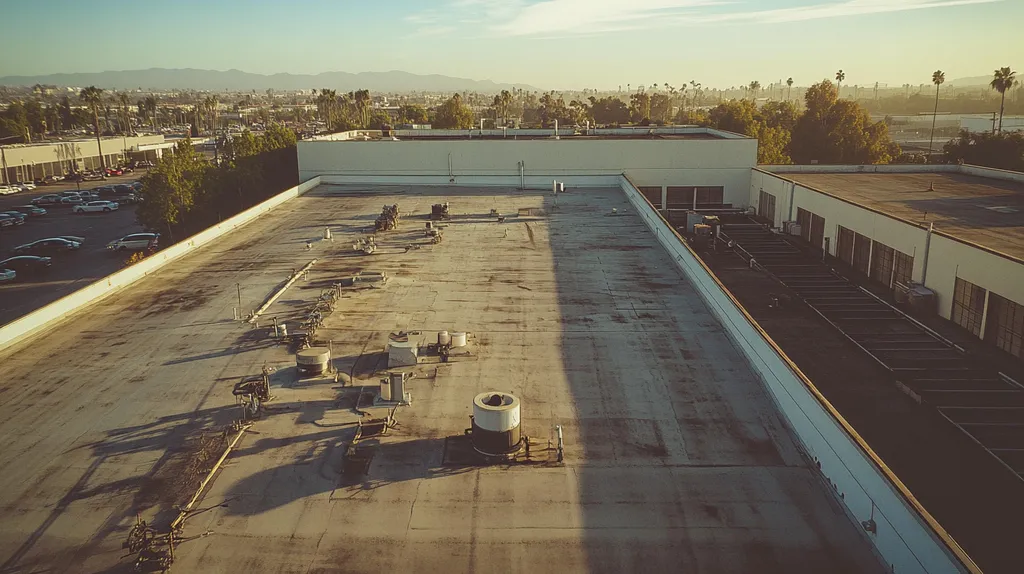 A commercial roof on a factory in a location similar to Los Angeles with a Polaroid aesthetic (AI image)
