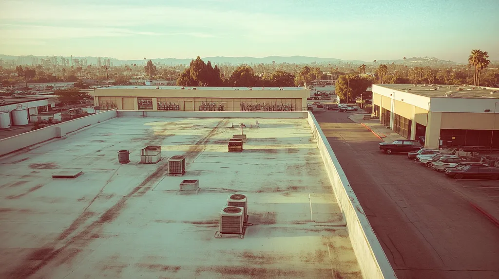 A commercial roof on a factory in a location similar to Los Angeles with a Polaroid aesthetic (AI image)