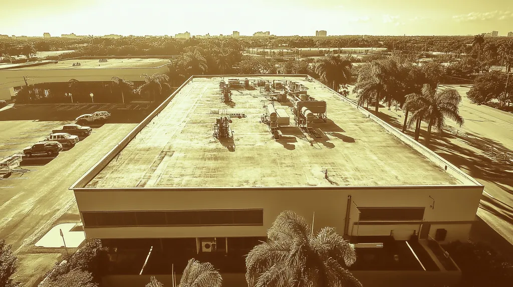 A commercial roof on a factory in a location similar to Miami with an architectural sketch rendering aesthetic (AI image)