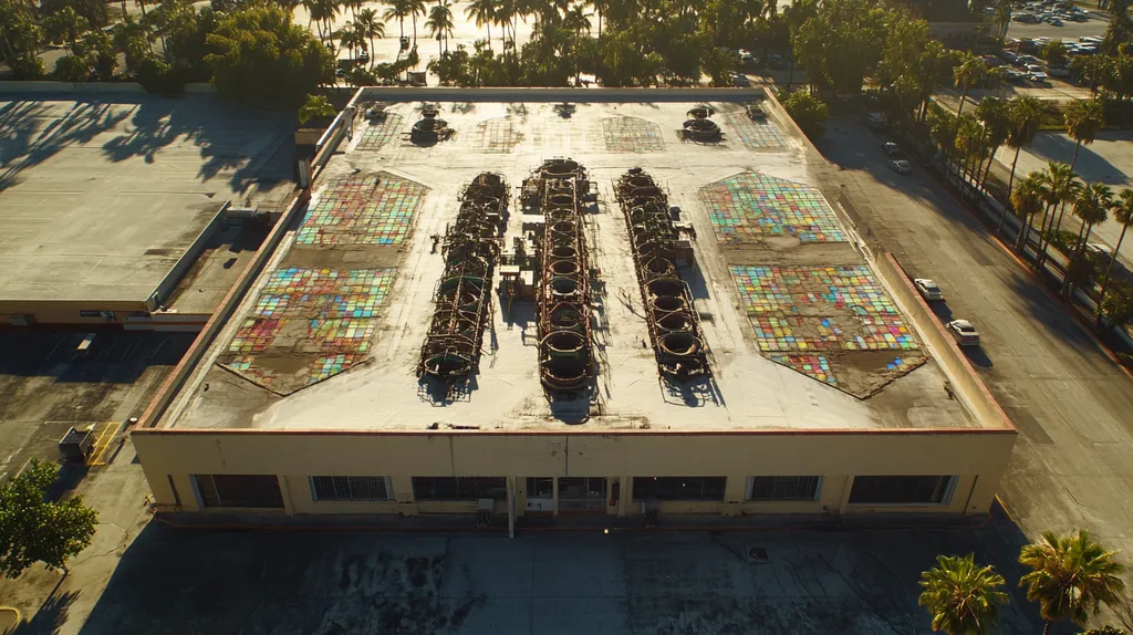 A commercial roof on a factory in a location similar to Miami with a stained glass style aesthetic (AI image)