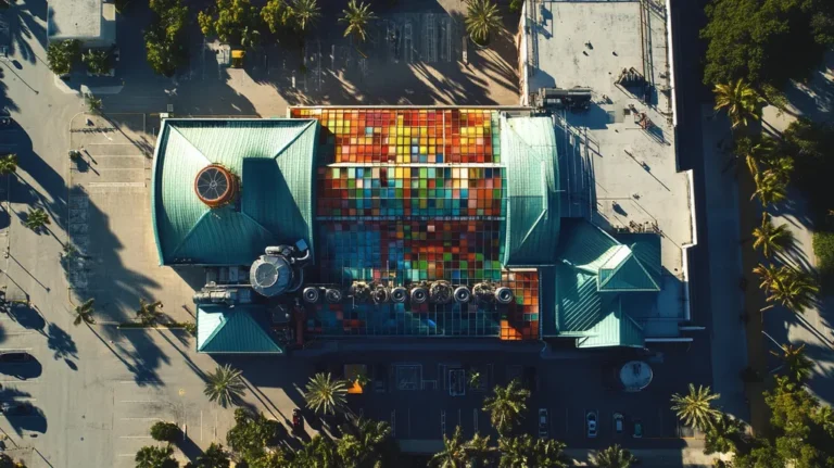A commercial roof on a factory in a location similar to Miami with a stained glass style aesthetic (AI image)