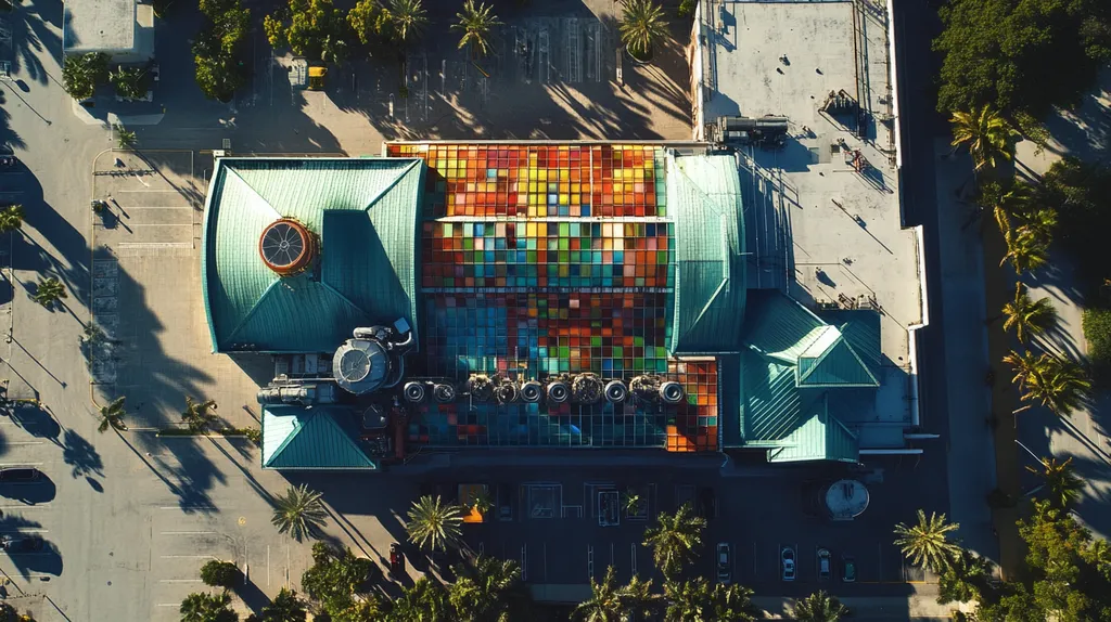 A commercial roof on a factory in a location similar to Miami with a stained glass style aesthetic (AI image)