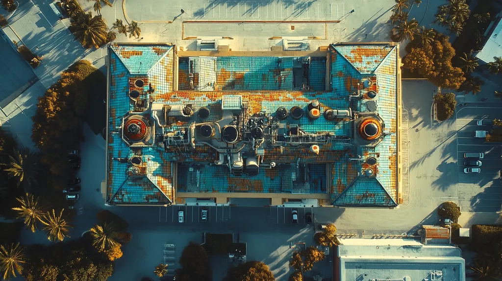 A commercial roof on a factory in a location similar to Miami with a stained glass style aesthetic (AI image)