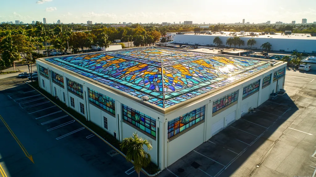 A commercial roof on a factory in a location similar to Miami with a stained glass style aesthetic (AI image)