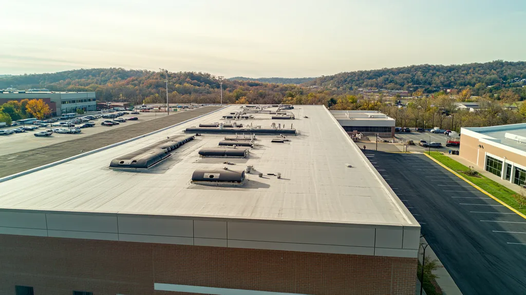A commercial roof on a factory in a location similar to Nashville with a color highlight aesthetic (AI image)