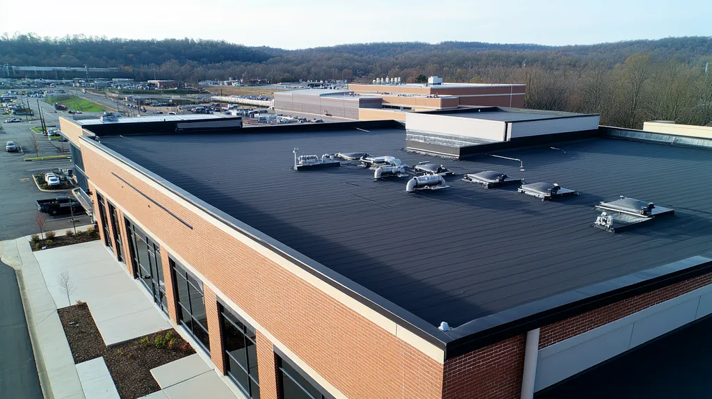 A commercial roof on a factory in a location similar to Nashville with a color highlight aesthetic (AI image)