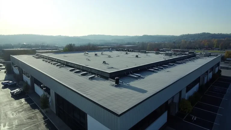 A commercial roof on a factory in a location similar to Nashville with a color highlight aesthetic (AI image)