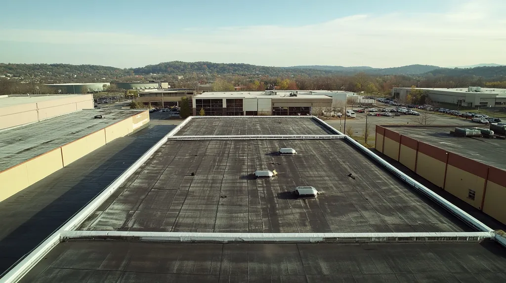 A commercial roof on a factory in a location similar to Nashville with a color highlight aesthetic (AI image)