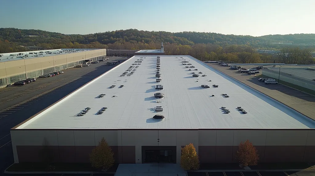 A commercial roof on a factory in a location similar to Nashville with a color highlight aesthetic (AI image)