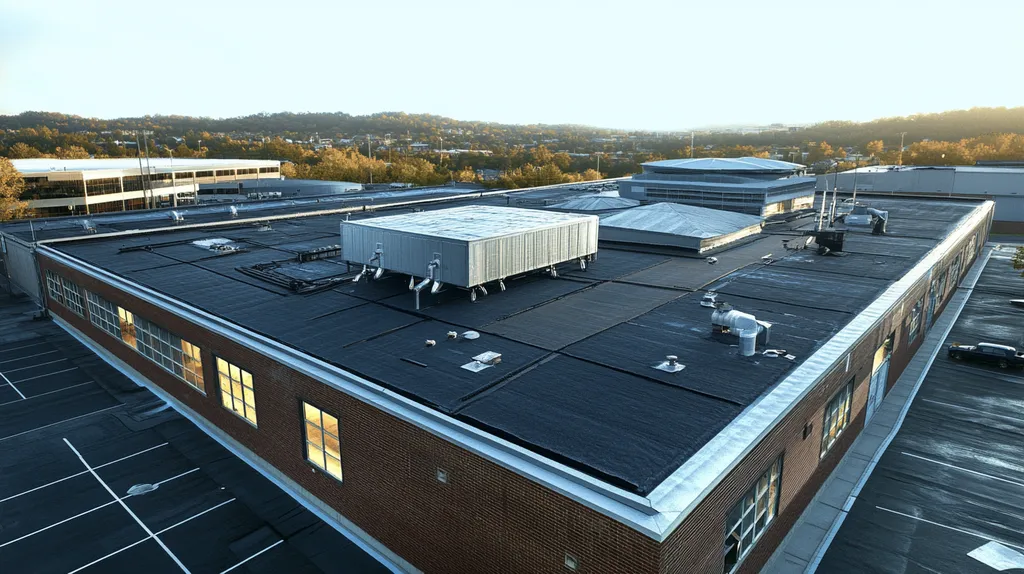 A commercial roof on a factory in a location similar to Nashville with an illuminated nightscape aesthetic (AI image)