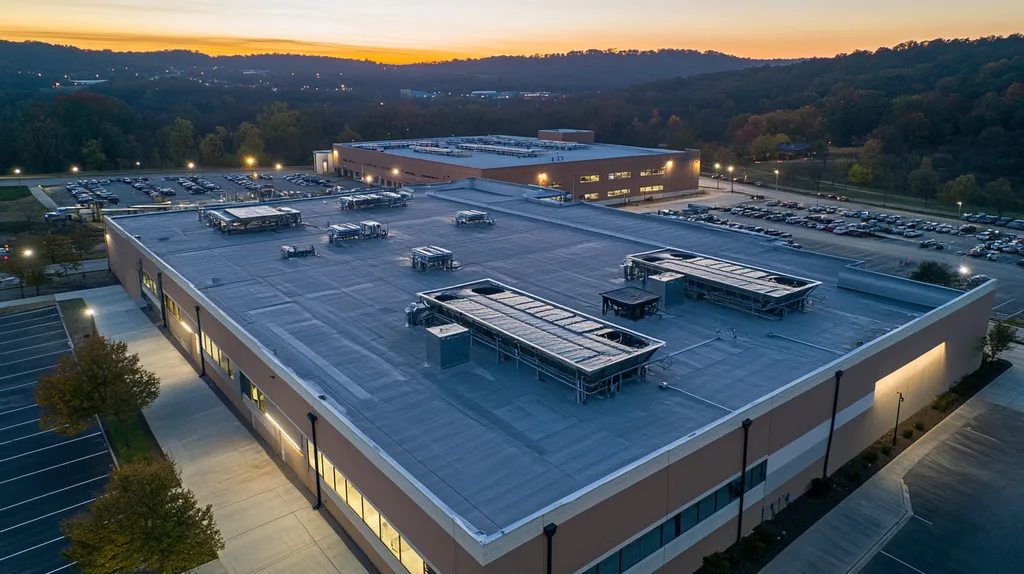 A commercial roof on a factory in a location similar to Nashville with an illuminated nightscape aesthetic (AI image)