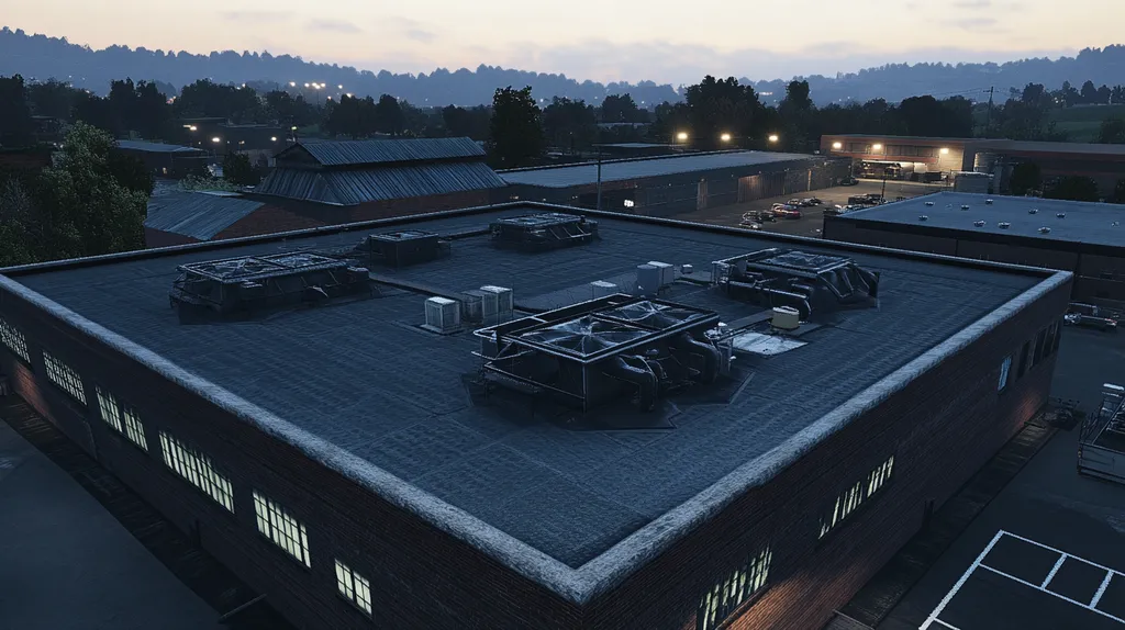 A commercial roof on a factory in a location similar to Nashville with an illuminated nightscape aesthetic (AI image)