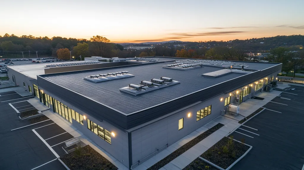 A commercial roof on a factory in a location similar to Nashville with an illuminated nightscape aesthetic (AI image)
