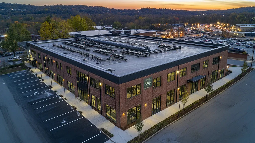 A commercial roof on a factory in a location similar to Nashville with an illuminated nightscape aesthetic (AI image)
