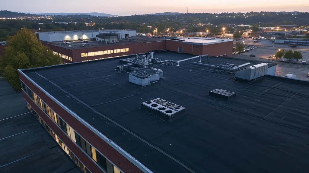 A commercial roof on a factory in a location similar to Nashville with an illuminated nightscape aesthetic (AI image)