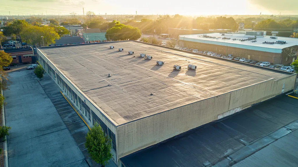 A commercial roof on a factory in a location similar to New Orleans with a light beams aesthetic (AI image)