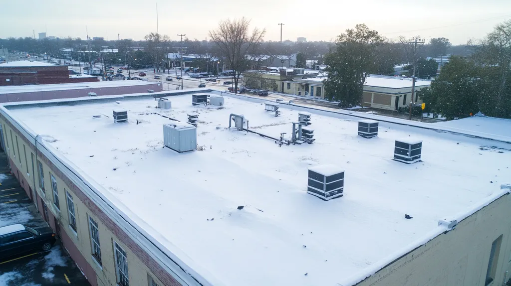 A commercial roof on a factory in a location similar to New Orleans with a snowy day aesthetic (AI image)