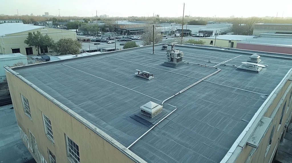 A commercial roof on a factory in a location similar to New Orleans with a snowy day aesthetic (AI image)