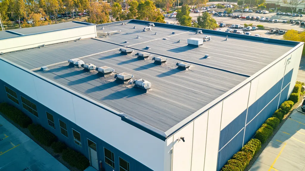 A commercial roof on a factory in a location similar to Newport Beach with a cross-processed look aesthetic (AI image)