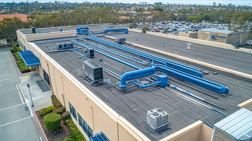 A commercial roof on a factory in a location similar to Newport Beach with a cross-processed look aesthetic (AI image)