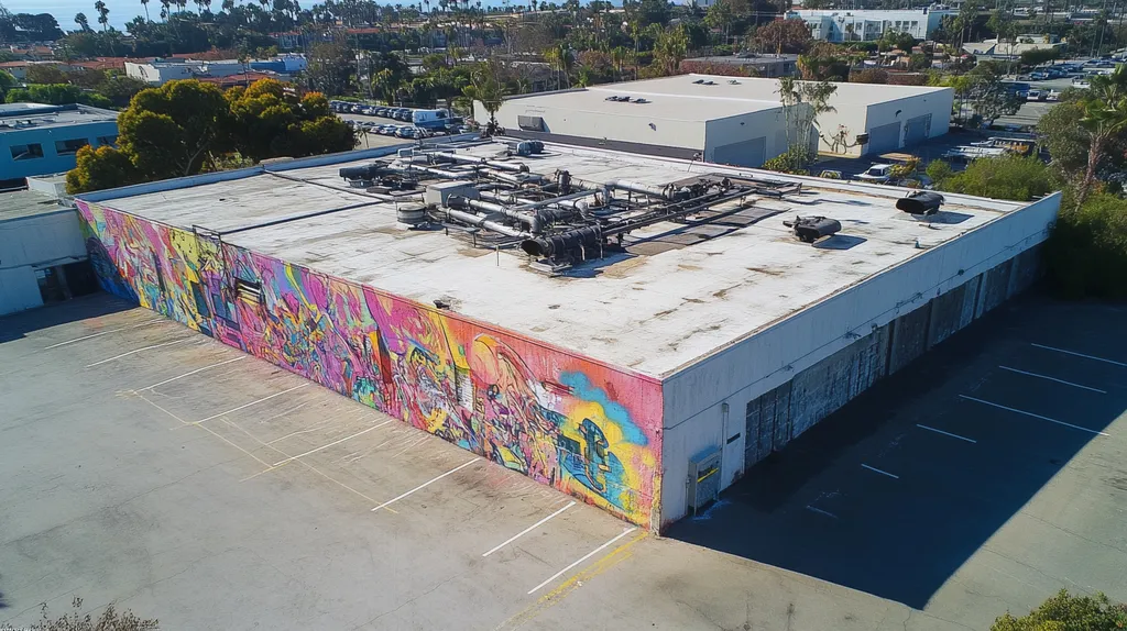 A commercial roof on a factory in a location similar to Newport Beach with a graffiti mural aesthetic (AI image)