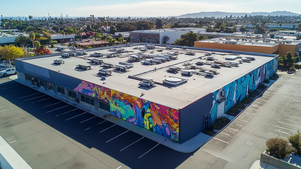 A commercial roof on a factory in a location similar to Newport Beach with a graffiti mural aesthetic (AI image)