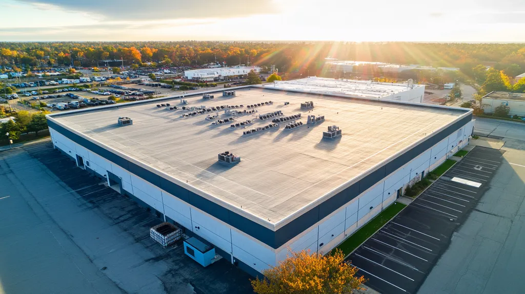 A commercial roof on a factory in a location similar to Newport Beach with a light beams aesthetic (AI image)