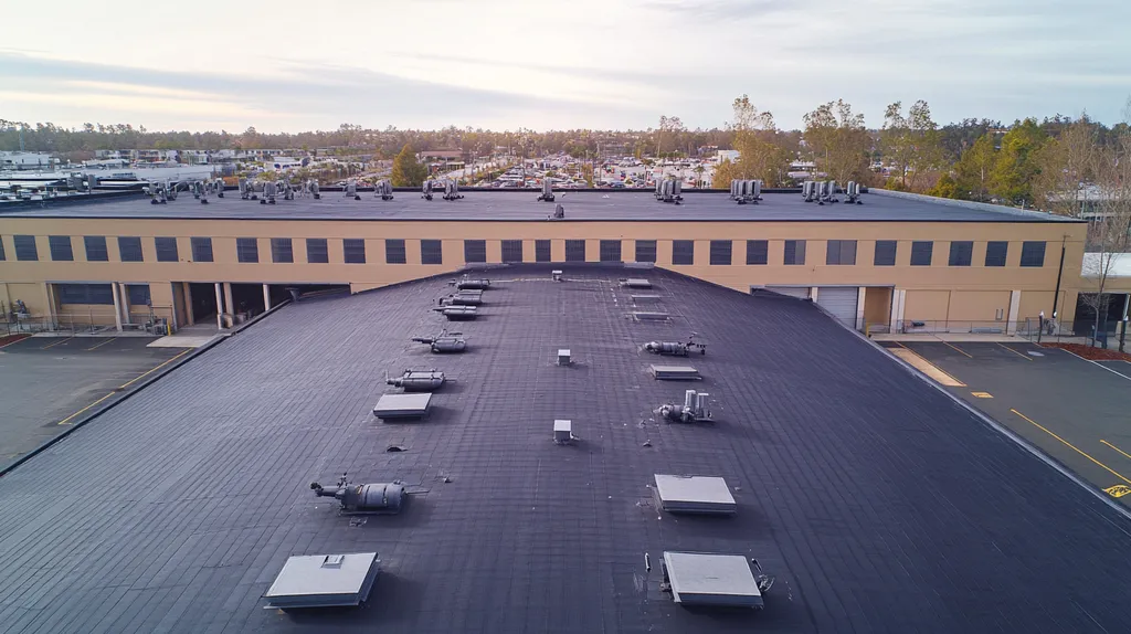 A commercial roof on a factory in a location similar to Newport Beach with a light beams aesthetic (AI image)